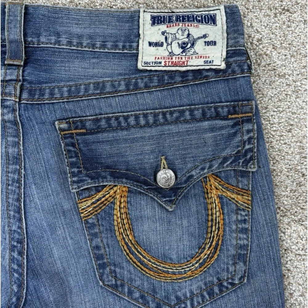 VTG True Religion Straight Jean Mens 34 (36x32) Blue Distressed Workwear USA Y2K